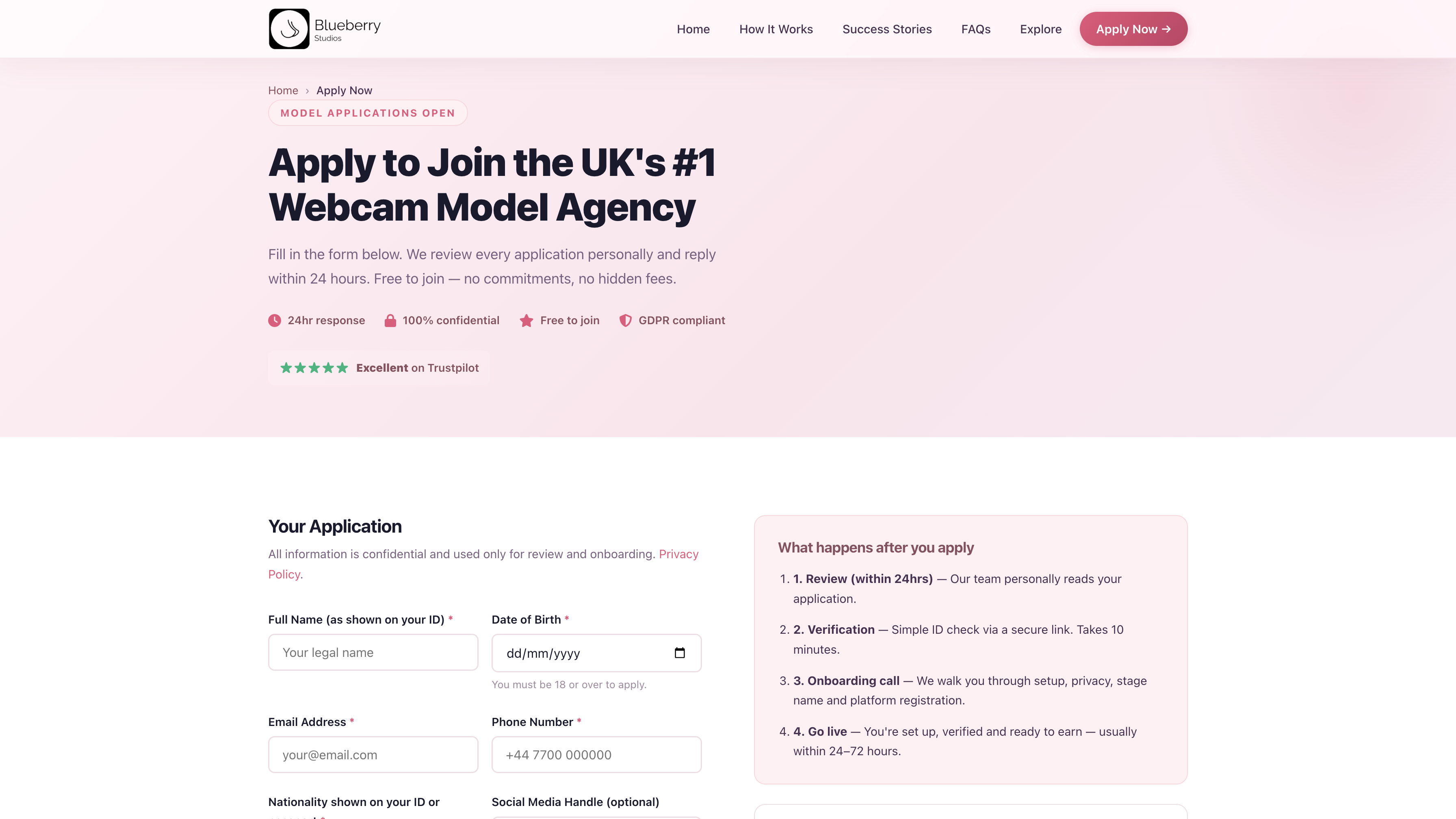 Blueberry Studios website — UK webcam model agency